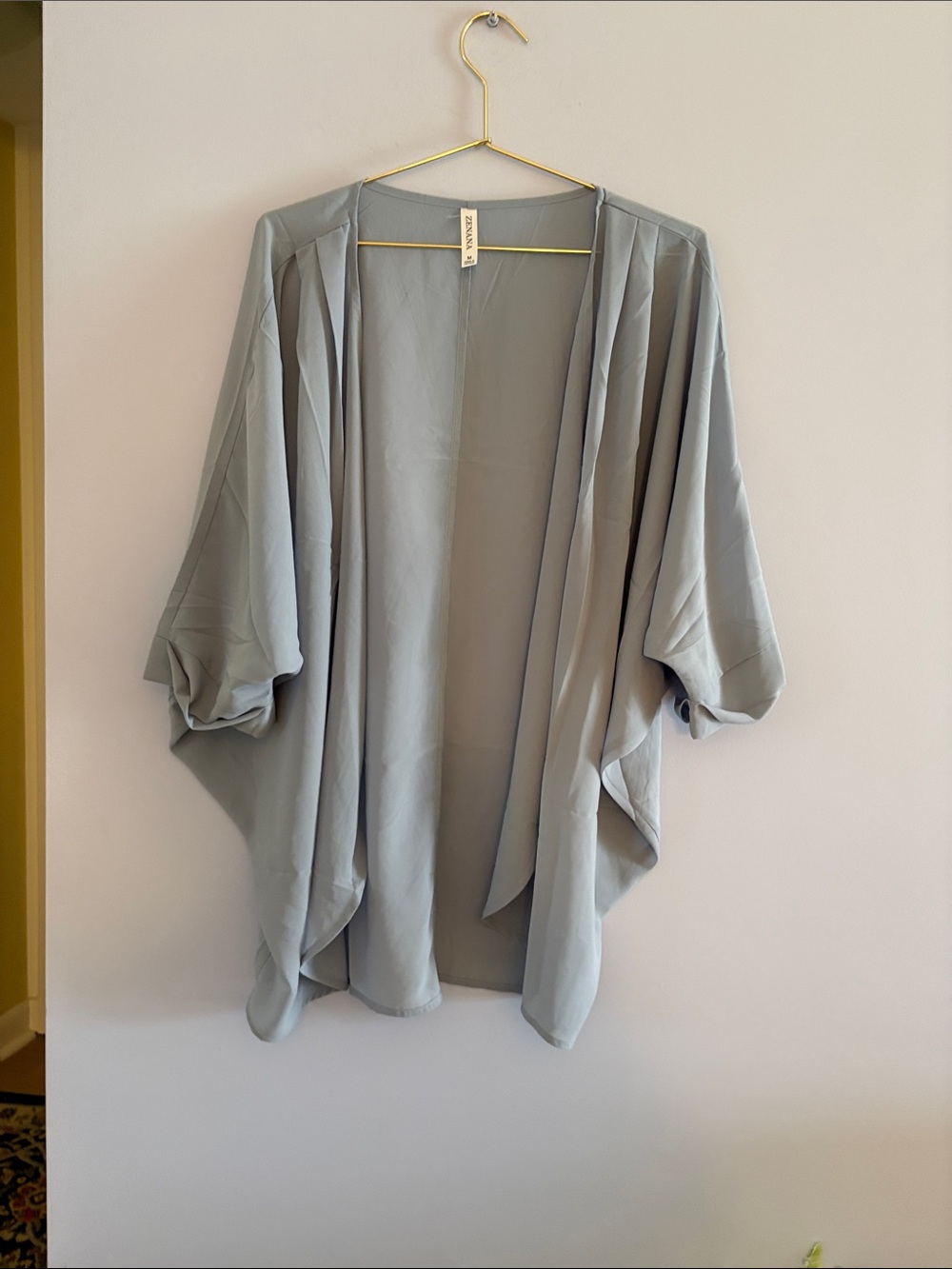 Zenana Outfitters Light Grey  / Light Blue Open-Front Draped Kimono. PTP is 22”